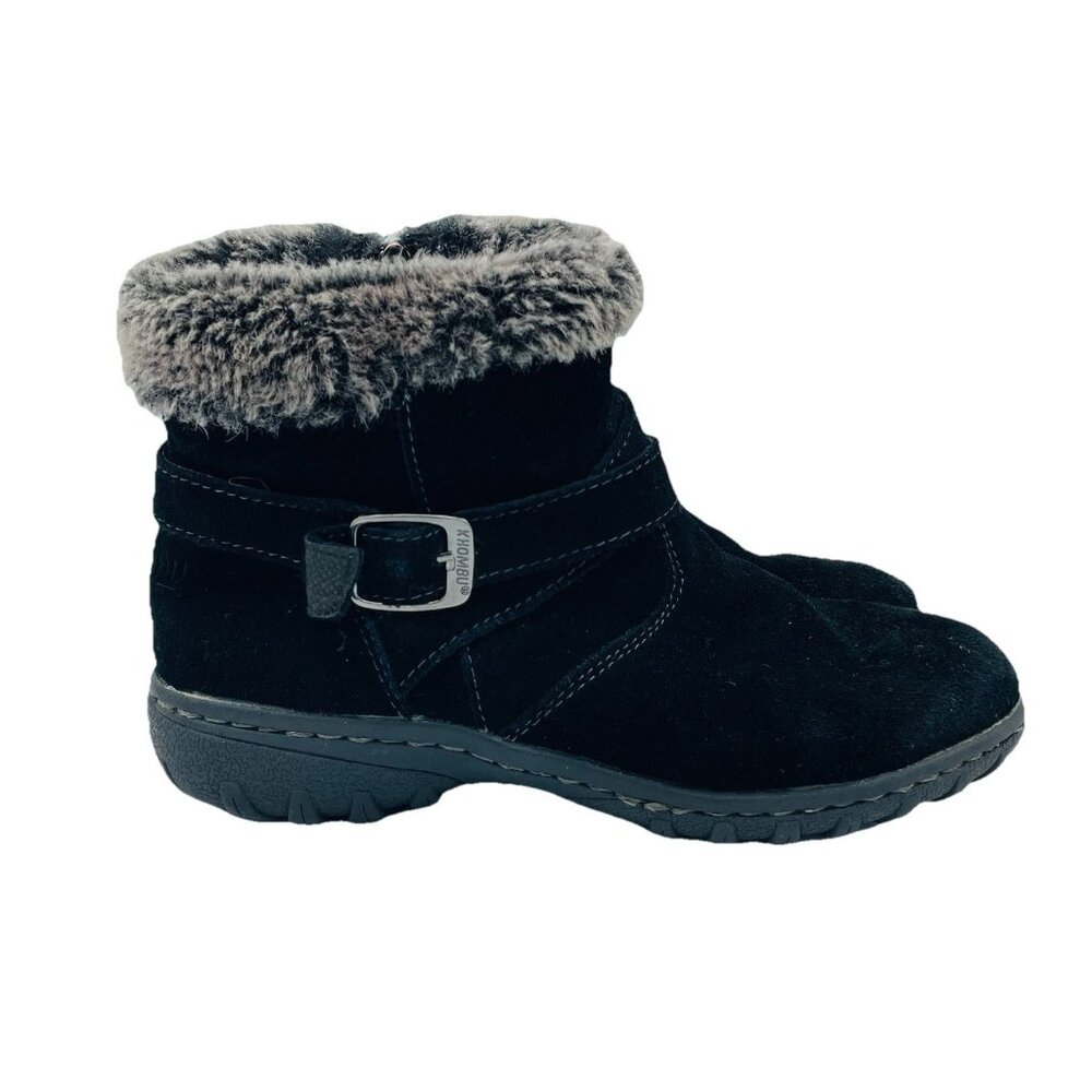 Khombu Shoes Womens Size 7 M Black Leather Faux Fur Boots Ankle Booties Zip Warm
